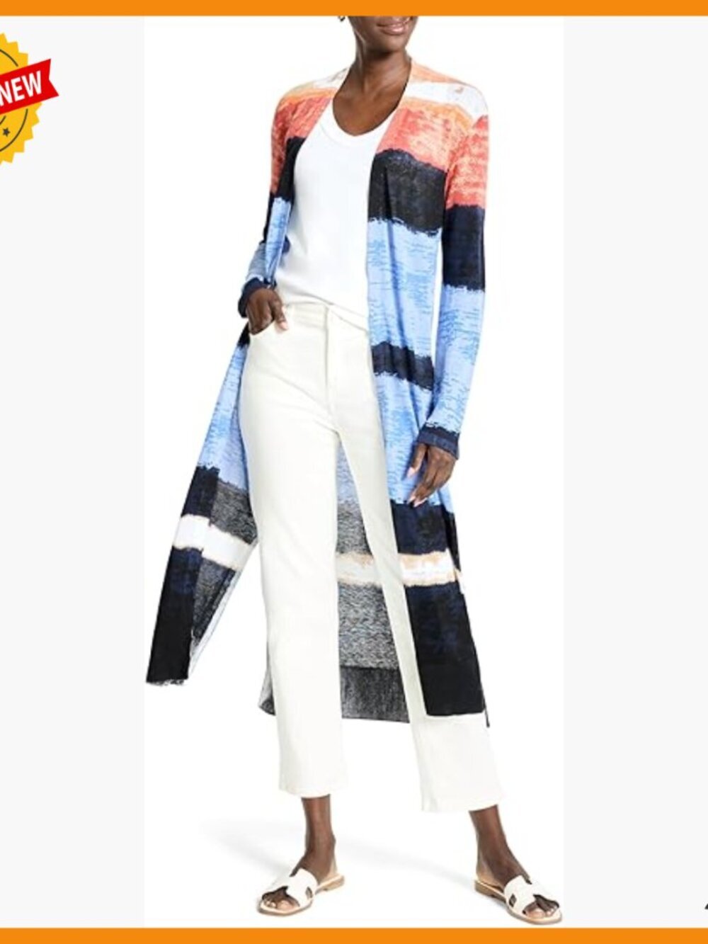 Lightweight Striped Cardigan Sweater, Knee Length, Open Front, Beach Coverup